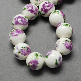 Honeyhandy Handmade Printed Porcelain Beads, Round, Orchid, 12mm, Hole: 2mm