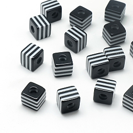 Honeyhandy Opaque Stripe Resin Beads, Cube, Black, 10x10x10mm, Hole: 4mm