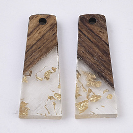 Honeyhandy Transparent Resin & Walnut Wood Pendants, with Gold Foil, Waxed, Trapezoid, Gold, 30x12x3.5mm, Hole: 2mm