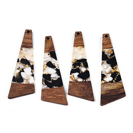 Honeyhandy Transparent Resin & Walnut Wood Big Pendants, with Gold Foil, Trapezoid Charms, Black, 57.5x19.5x3mm, Hole: 2mm