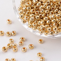 Honeyhandy Electroplate Glass Seed Beads, Round Hole Rocailles, Gold Color, Size: about 3.5~5.5mm in diameter, 2.5~6.8mm thick, hole: 1mm