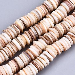 Honeyhandy Natural Freshwater Shell Beads Strands, Heishi Beads, Flat Round/Disc, BurlyWood, 10~11x1~3mm, Hole: 1mm, about 170~175pcs/strand, 15.39 inch(39.1cm)