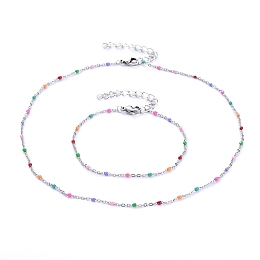 Honeyhandy 304 Stainless Steel Jewelry Sets, Enamel Link Chain Necklaces & Bracelets, with Lobster Claw Clasps and Iron Extender Chain, Colorful, Stainless Steel Color, Necklace: 15.55 inch(39.5cm), Bracelet: 7-1/2 inch(19cm)