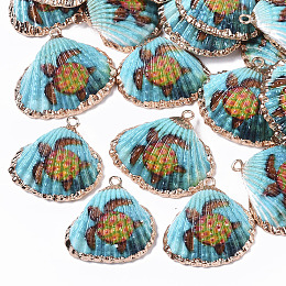 Honeyhandy Electroplate Printed Natural Scallop Shell Pendants, Sea Shell Pendants, with Brass Loops, Tortoise Pattern, 22~27x23~29x8~10mm, Hole: 1.8mm