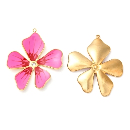 Honeyhandy 304 Stainless Steel Enamel Pendants, with Rhinestones, Real 18K Gold Plated, Flower Charm, Hot Pink, 37.5x33x3mm, Hole: 1.4mm