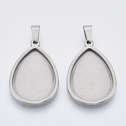 Honeyhandy 201 Stainless Steel Pendant Cabochon Settings, Plain Edge Bezel Cups, Teardrop, Stainless Steel Color, Tray: 25x18mm, 31.5x21x2.2mm, Hole: 3x6mm