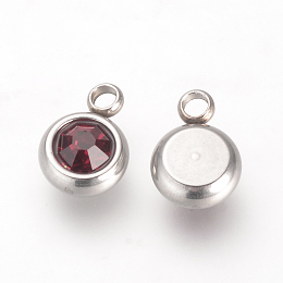 Honeyhandy 201 Stainless Steel Rhinestone Charms, Flat Round, Garnet, 8.5x6x3mm, Hole: 1.5mm