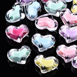 Honeyhandy Transparent Acrylic Beads, Bead in Bead, Heart, Mixed Color, 16x21x11.5mm, Hole: 3mm