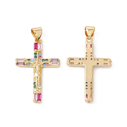 Honeyhandy Rack Plating Brass Micro Pave Cubic Zirconia Pendants,  Cadmium Free & Nickel Free & Lead Free, Real 18K Gold Plated, Crucifix Cross, Colorful, 28x18x2mm, Hole: 5x3.5mm