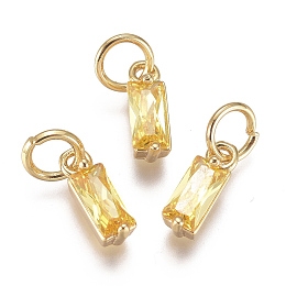 Honeyhandy Brass Micro Pave Cubic Zirconia Charms, Long-Lasting Plated, with Jump Ring, Real 18K Gold Plated, Rectangle, Yellow, 10x3x3mm, Hole: 3mm