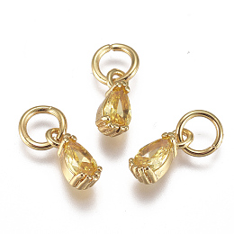 Honeyhandy Brass Micro Pave Cubic Zirconia Charms, with Jump Ring, Long-Lasting Plated, Real 18K Gold Plated, Faceted, Teardrop, Yellow, 8x3x3mm, Hole: 3mm