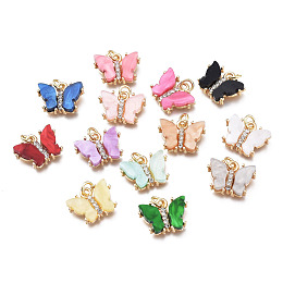 Honeyhandy Brass Micro Pave Clear Cubic Zirconia Pendants, with Resin and Jump Rings, Long-Lasting Plated, Butterfly Shape, Flower Pattern on Back, Golden, Mixed Color, 13x17x3.5mm, Hole: 3mm