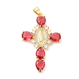 Honeyhandy Rack Plating Brass Micro Pave Cubic Zirconia Pendants, Cadmium Free & Lead Free, Real 18K Gold Plated, Cross with Saint, Salmon, 45.5x29x6mm, Hole: 4x6mm