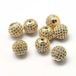 Honeyhandy Rack Plating Brass Cubic Zirconia Beads, Long-Lasting Plated, Round, Golden, 9.5~10x9~9.5mm, Hole: 2mm