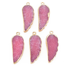 Natural Agate Pendants, with Light Gold Plated Iron Findings, Wing, Dyed & Heated, Pale Violet Red, 33~33.5x12~13x5~6mm, Hole: 1.8mm