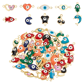 Nbeads DIY Evil Eye Jewelry Making Finding Kit, Including Brass Enamel Charms & Connector Charms, Real 18K Gold Plated, Horse Eye & Fish & Cherry & Lip & Heart, Mixed Color, 5.5~16x6~16x3~3.5mm, Hole: 1.2~1.4mm, 60Pcs/box