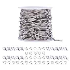 PandaHall Elite 33 Feet 304 Stainless Steel Twisted Curb Link Cable Chains Necklace with 20 Lobster Claw Clasps and 30 Jump Rings for Jewelry Making