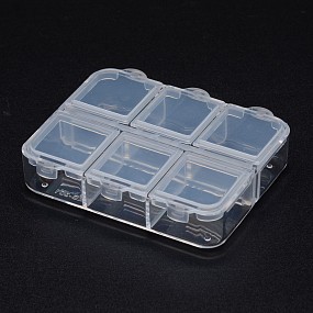 Honeyhandy Polypropylene Plastic Bead Containers, Flip Top Bead Storage, 6 Compartments, Rectangle, Clear, 65x55x16mm