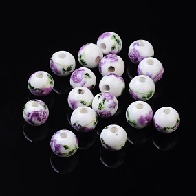 Honeyhandy Handmade Printed Porcelain Beads, Round, Orchid, 8mm, Hole: 2mm
