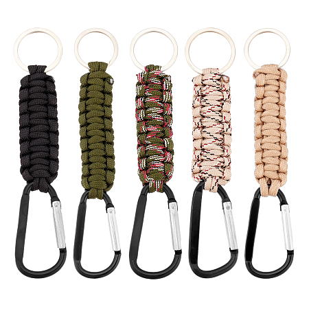 Arricraft 5Pcs 5 Colors Aluminum Rock Climbing Carabiners, Key Clasps, with Stainless Steel Split Key Rings and Nylon Cord, Mixed Color, 14.8-15.5cm, 1pc/color