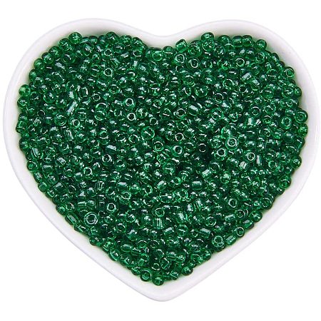 ORNALAND 8/0 Glass Seed Beads, Transparent Colours, Round, Dark Green, 3mm, Hole: 1mm; about 3500pcs/bag