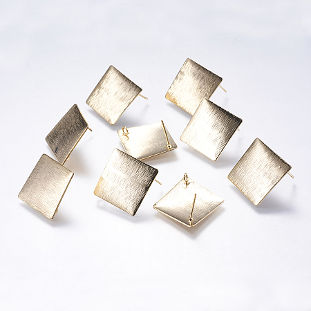 Drawbench Brass Stud Earring Findings, with Loop, Rhombus, Real 18K Gold Plated, 26x26x0.6mm, Hole: 2mm; Pin: 0.5mm