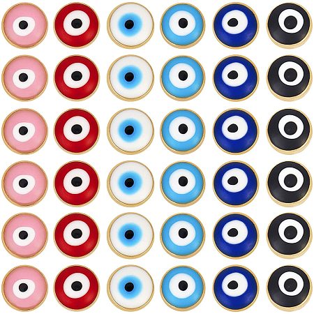 NBEADS 60 Pcs Acrylic Evil Eye Beads, 7.5mm Flat Round Opaque Gold Plated Evil Eye Charms for DIY Jewelry Making, 6 Assorted Colors