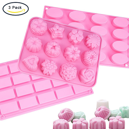 BENECREAT 3 Set Flower Oval Rectangle Shape Silicone Molds DIY Handmade Tools for Jelly Sugar Candy Chocolate Fondant Cake Decoration - Pink