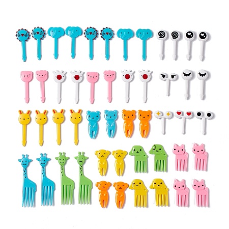 Plastic Disposable Fruit Picks, Cartoon Style Animal/Eye Shape Fork, Rabbit & Elephant & Giraffe, Mixed Color, 30~65x14~24x3~6.5mm, 50pcs/bag