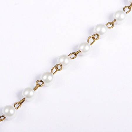 Honeyhandy Handmade Round Glass Pearl Beads Chains for Necklaces Bracelets Making, with Antique Bronze Iron Eye Pin, Unwelded, White, 39.3 inch, Bead: 6mm