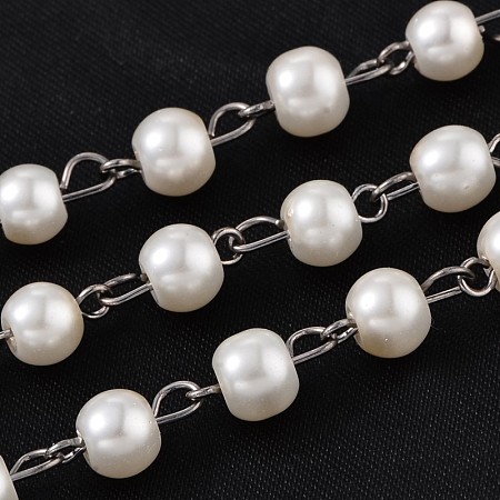 Handmade Glass Pearl Beaded Chains for Necklaces Bracelets Making, with  Gunmetal Tone Brass Eye Pin, Unwelded, Creamy White, 39.3 inches; about  90pcs/strand 