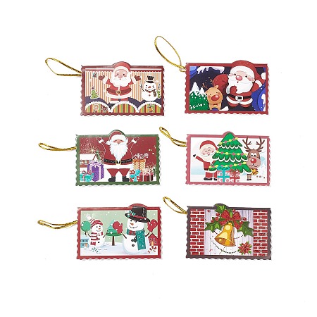 Paper Congratulation Card, Hanging Wishing Cards for Christmas Tree, with Rope, Rectangle, Christmas Themed Pattern, 46x69x1mm, 12pcs/set