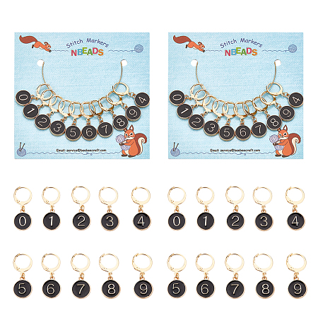 NBEADS Alloy Enamel Number Charms Locking Stitch Markers, with Golden Tone 304 Stainless Steel Ring, Flat Round, Black, 30mm, Flat Round: 14.5x12x2.5mm, 10pcs/set