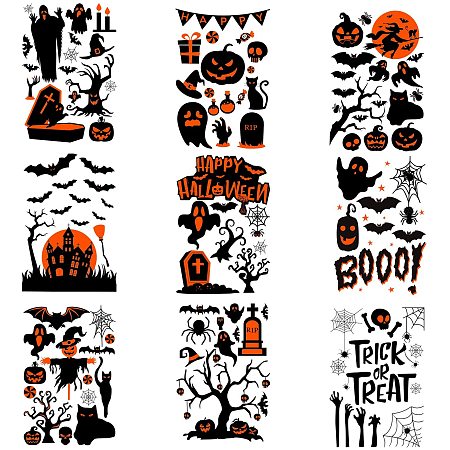 Arricraft 9Pcs/Set Halloween Theme Wall Stickers Window Stickers Window Clings Self Adhesive Sticker for Halloween Party Decoration Accessories Halloween Themed Pattern Rectangle 9.45x13.77in