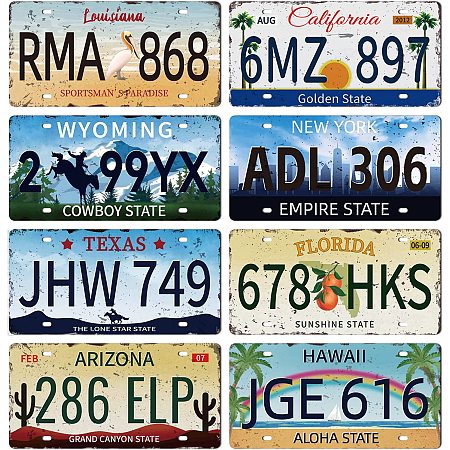 GLOBLELAND 8Pcs Vintage License Plate Metal Iron Sign Plaque Poster Retro Metal Wall Decorative Tin Signs 11.8×5.9inch for Home Bar Coffee Shop Club Bohemian Room Decoration