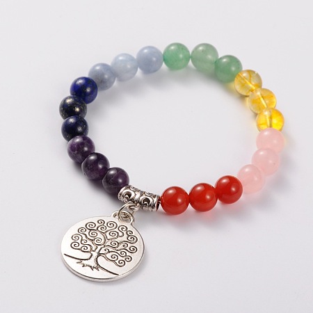 Honeyhandy Natural Gemstone Stretch Charm Bracelets, with Tibetan Style Tree of Life Pendant, Antique Silver, Colorful, 55mm