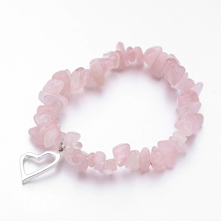 Honeyhandy Alloy Charm Bracelets, Heart, with Natural Rose Quartz Chip Beads and Elastic Crystal Thread, Silver Color Plated, 2-1/4 inch(55mm)