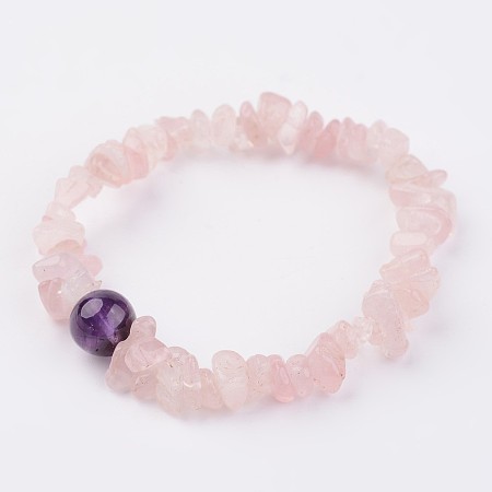 Honeyhandy Natural Rose Quartz Stretch Bracelets, with Amethyst Beads, 1-7/8 inch(48mm)