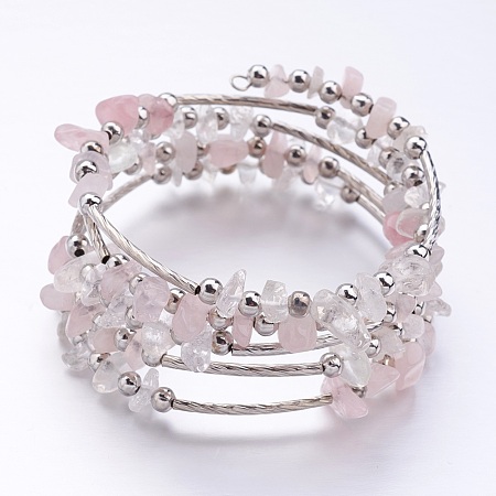 Honeyhandy Five Loops Wrap Rose Quartz Beads Bracelets, with Crystal Chips Beads and Iron Spacer Beads, Pink, 2 inch(52mm)