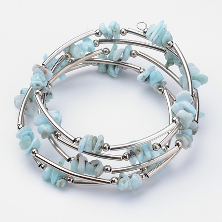 Honeyhandy Natural Larimar Beaded Wrap Bracelets, with Steel Bracelet Memory Wire, Iron Beads and Brass Tube Beads, Platinum, 2-1/8 inch(54mm)