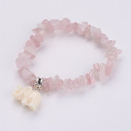 Honeyhandy Resin Elephant Charm Bracelets, with Natural Rose Quartz Chips, 2 inch(51mm)