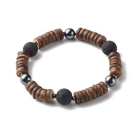 Honeyhandy Natural Coconut Rondelle Beads Stretch Bracelet for Men Women, Oil Diffuser Lava Rock Beads & Non-Magnetic Synthetic Hematite Bracelet, Coconut Brown, Inner Diameter: 2-1/4 inch(5.7cm)