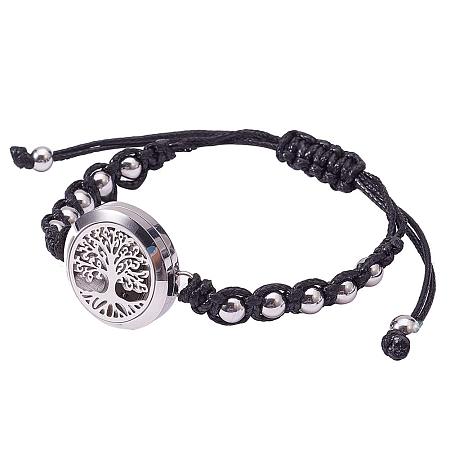 PandaHall Elite Adjustable Diffuser Bracelet Tree of Life 304 Stainless Steel Essential Oil Braided Bead Bracelets with Waxed Cord for Men Women, Black