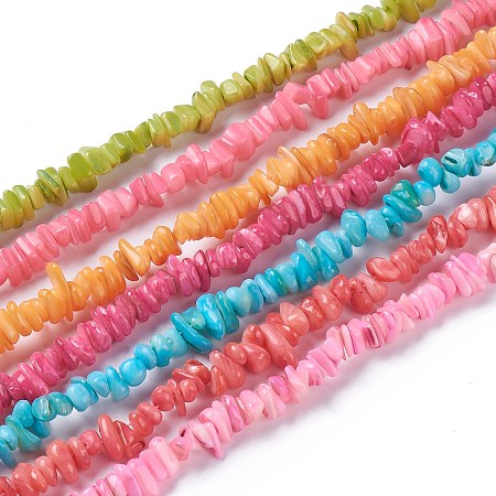 Honeyhandy Natural Freshwater Shell Beads Strands, Chip, Dyed, Mixed Color, 6~16x4~8x1~7mm, Hole: 1mm, about 97~157pcs/strand, 15.75 inch(40cm)