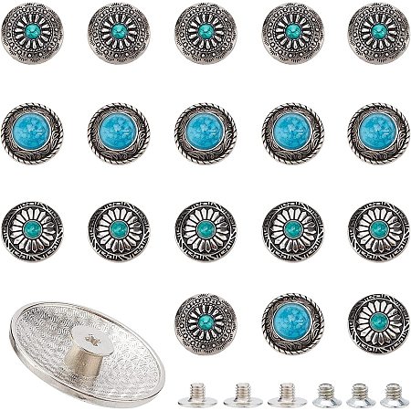AHANDMAKER 18 Pcs Conchos, Decorative Buckle Screw Back Buttons, Vintage Artificial Turquoise Conchos Buttons, Round Metal Daisy Screw Button for DIY Leather Craft