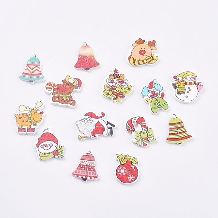 Arricraft Printed Wooden Buttons, 2-Hole, Mixed Shapes, Dyed, Christmas Style, Mixed Color, 24~27.5x17~24x2~2.5mm, Hole: 2mm
