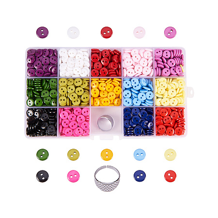 PandaHall Elite Mixed Color 2-Hole 9x2mm Flat Round Resin Sewing Buttons Sets with Zinc Alloy Rings, Hole: 1mm; about 100pcs/color