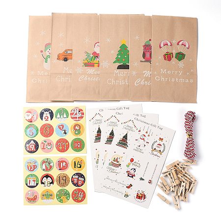 ARRICRAFT Christmas Theme Paper Bags, with Labels, Paster, Hemp Rope, and Wooden Clip, Sweets Gifts Bags for Christmas Decorate, Mixed Color, 23x12cm