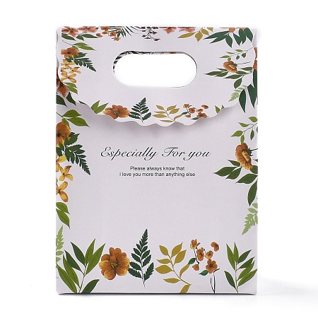 Honeyhandy Rectangle Paper Flip Gift Bags, with Handle & Word & Leaf Pattern, Shopping Bags, White, 12.3x6x16.1cm
