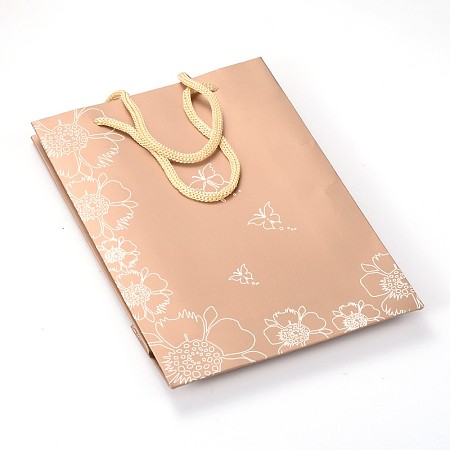 Rectangle Flower and Butterfly Pattern Cardboard Paper Bags, Gift Bags, Shopping Bags, with Nylon Cord Handles, BurlyWood, 15x11x6mm